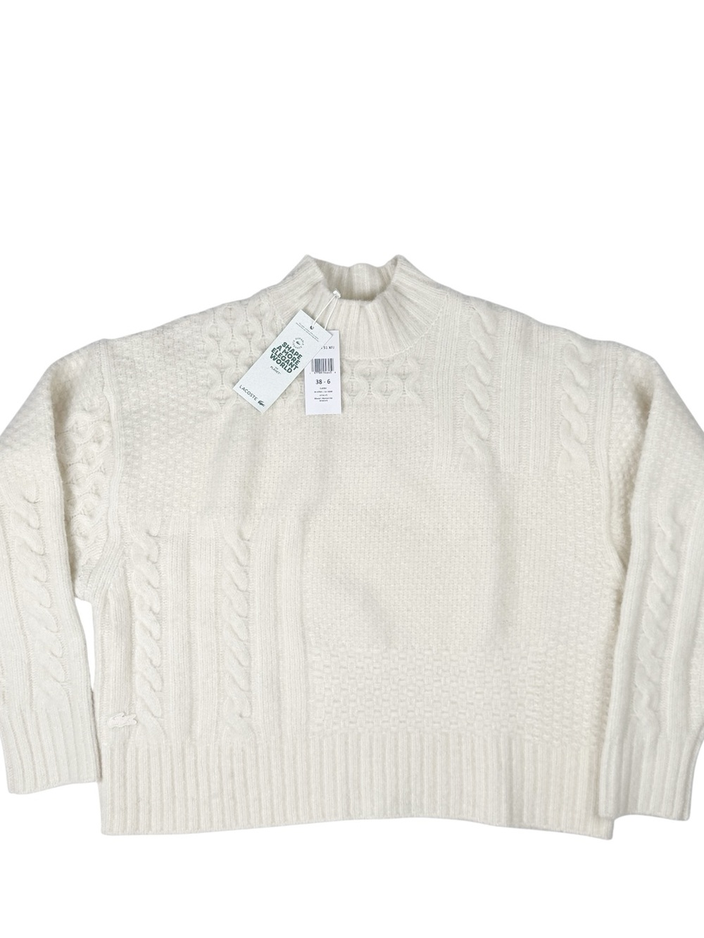 Lacoste Womens M Patchwork Effect High Neck Wool Cable Knit Beige Sweater